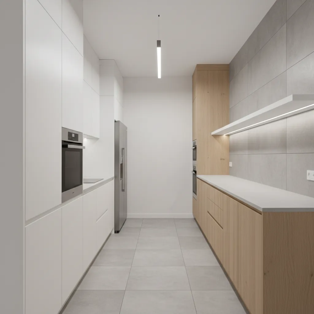 Narrow kitchen showing proper 36 inch walkway between cabinets