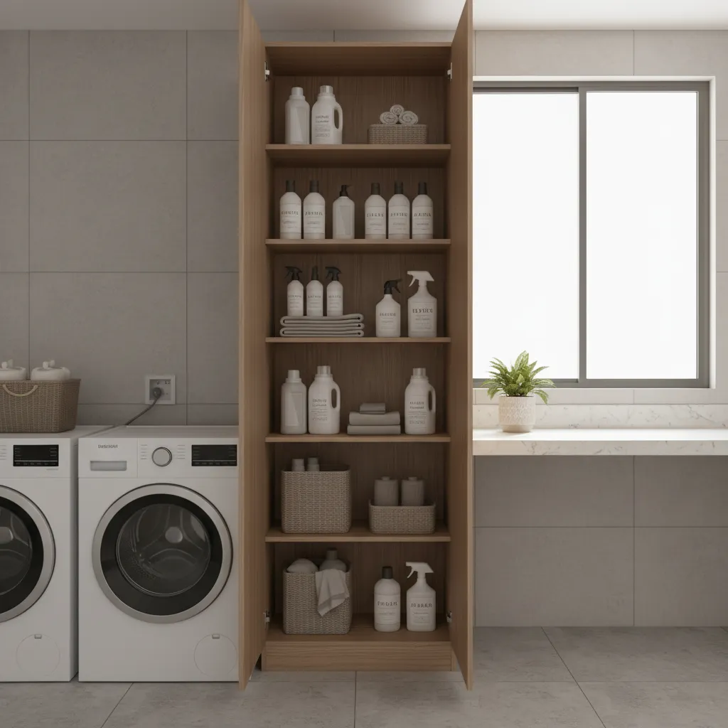 open slim laundry cabinet with organized detergent and baskets