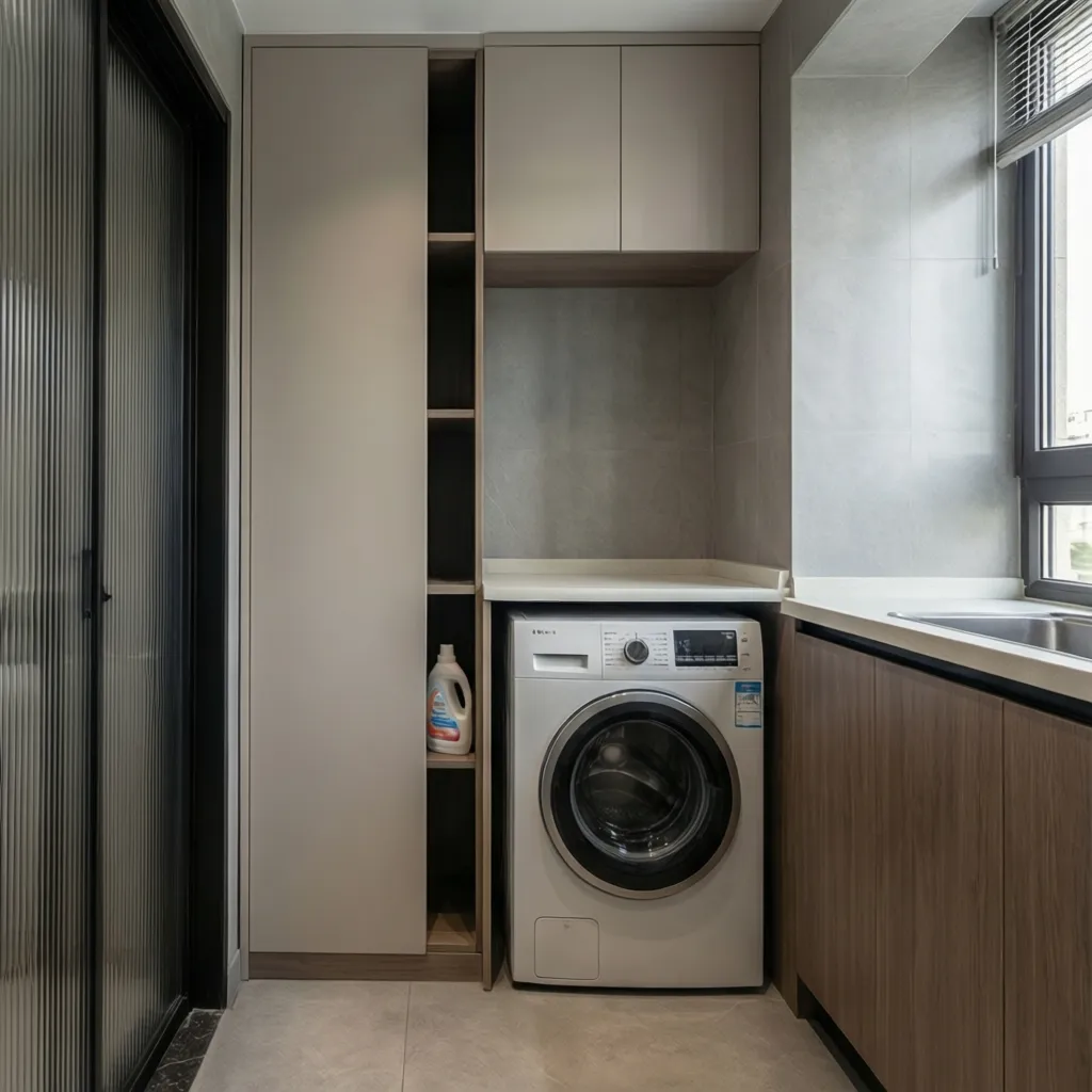 Very narrow laundry cabinet with limited storage space