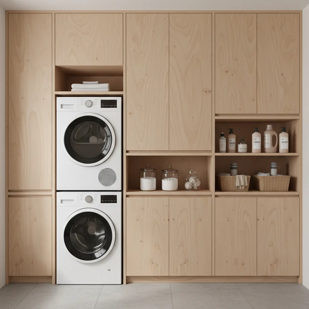 Compact laundry room with tall narrow storage cabinets beside washer and dryer
