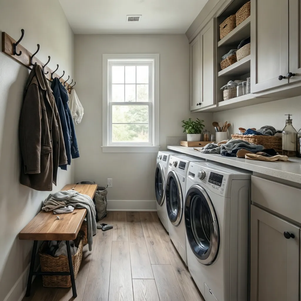 compact 6x12 laundry mudroom interior with washer dryer and entry storage