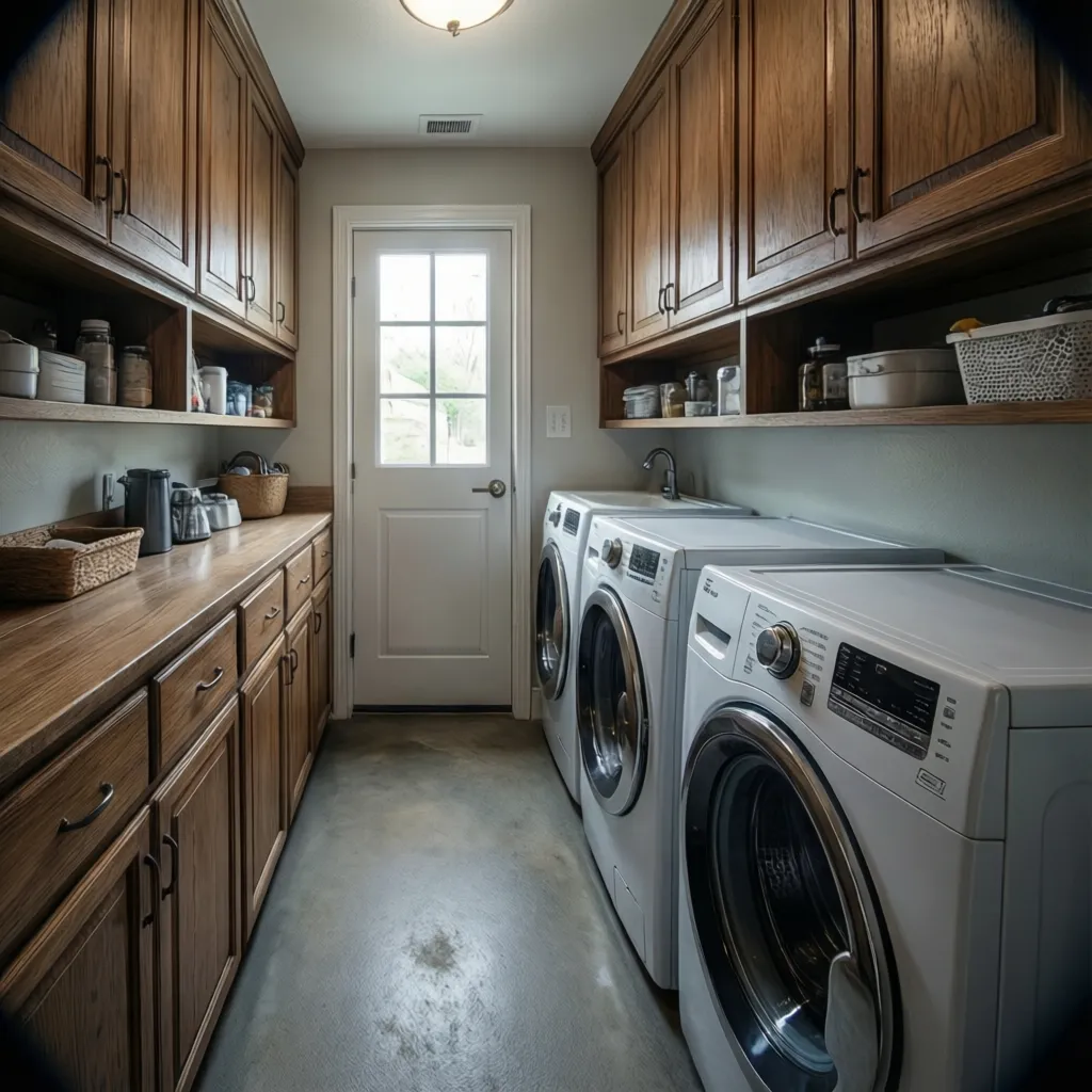 narrow laundry mudroom with washer dryer cabinets and walkway