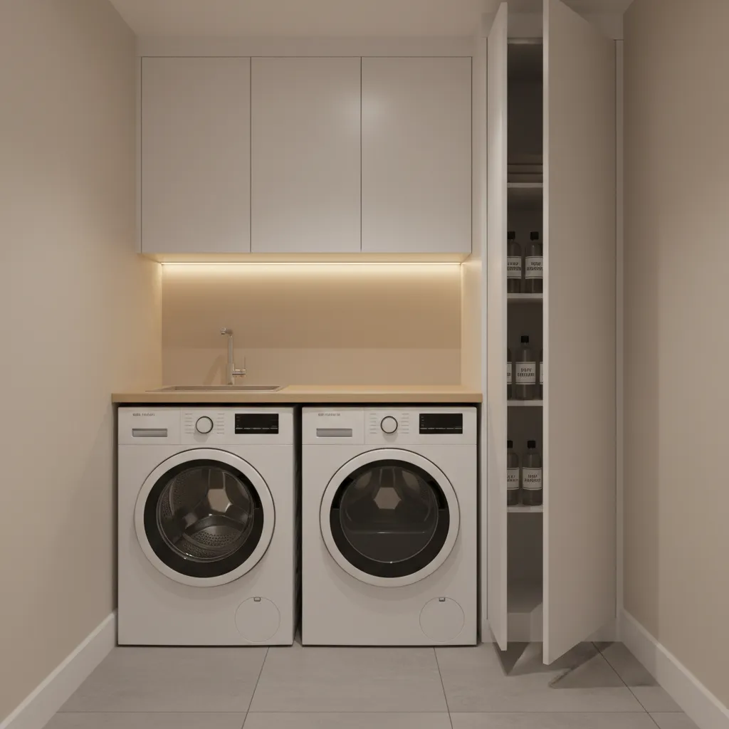 Small laundry room with narrow cabinet installed between washer and wall