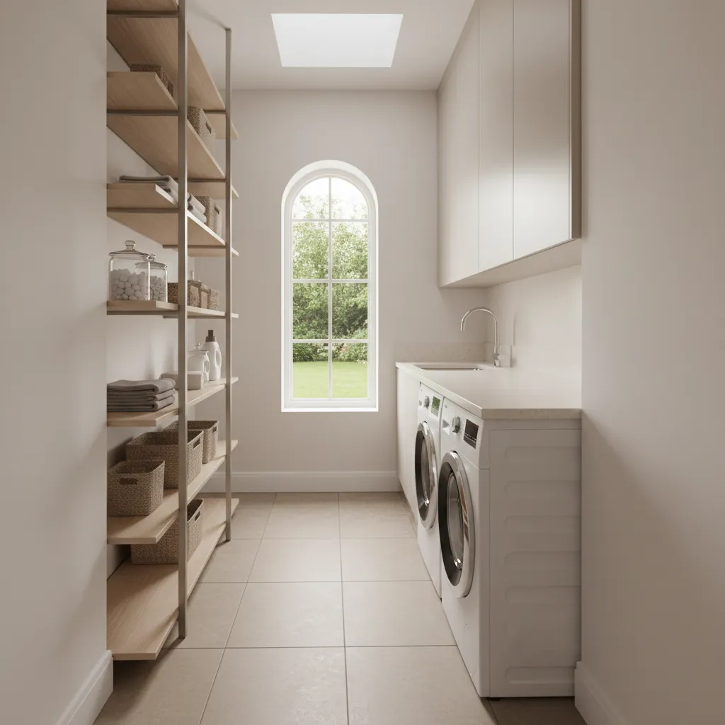 Narrow laundry room with linear layout and overhead storage