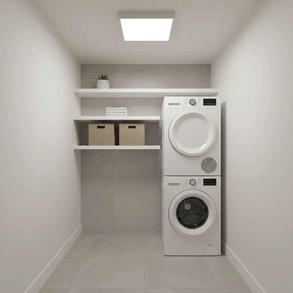 Small laundry room with narrow shelves above machines