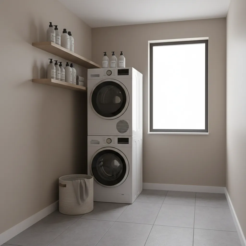 Compact laundry room with narrow wall shelves for detergents