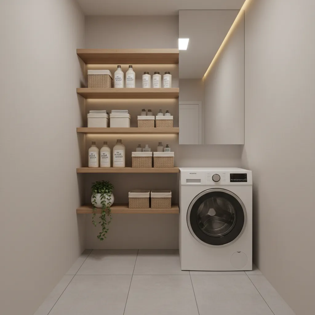 Narrow laundry room with floating shelves beside a top load washer