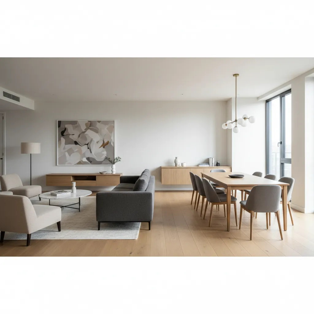 Long rectangular living dining room showing sofa and dining zones in a narrow space
