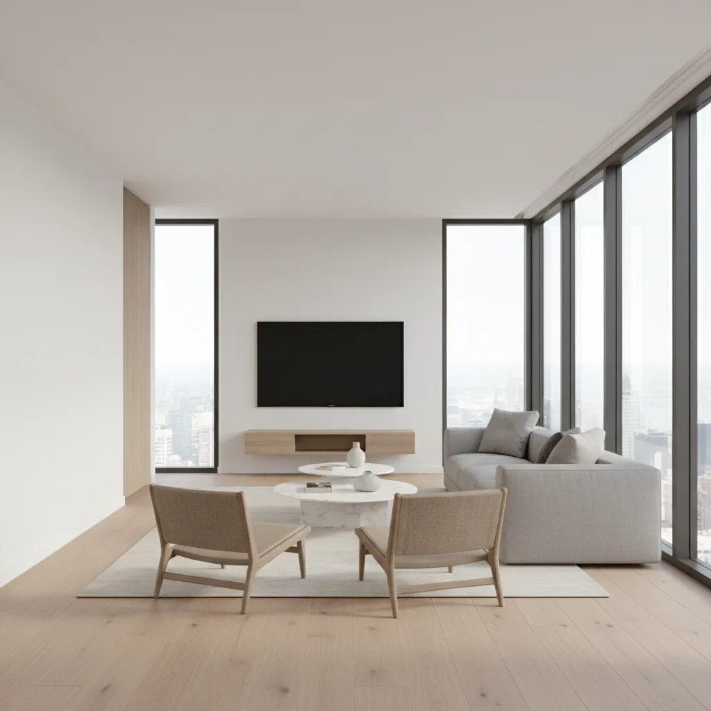 Long narrow living room showing a clear circulation path beside seating area