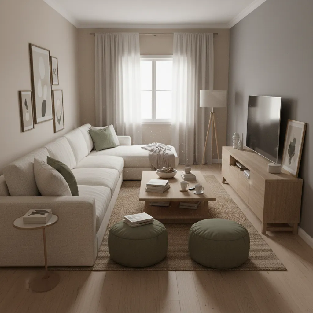 Example of a cluttered narrow living room with furniture pushed against walls