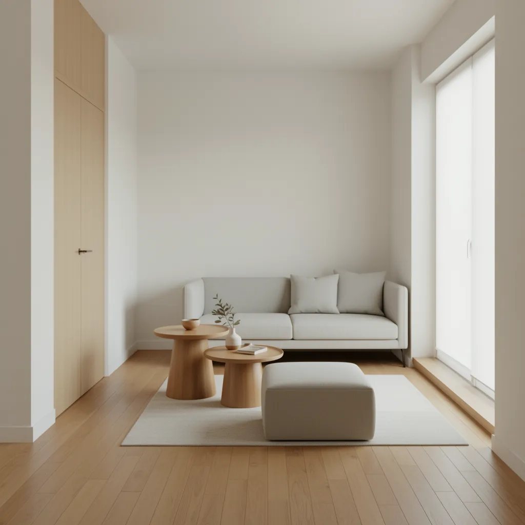 Nesting tables and ottoman used instead of coffee table in narrow living room