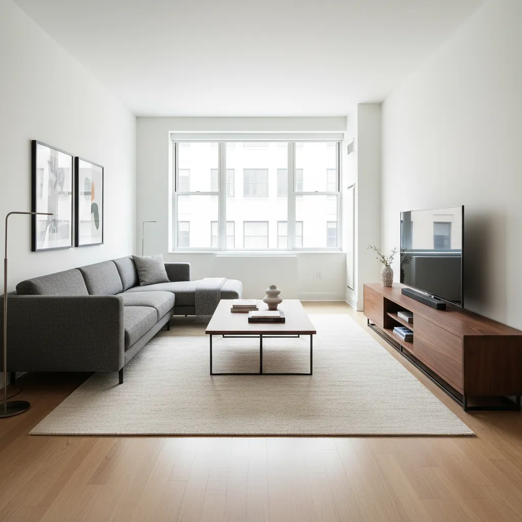 Example of a long narrow 20x10 living room interior