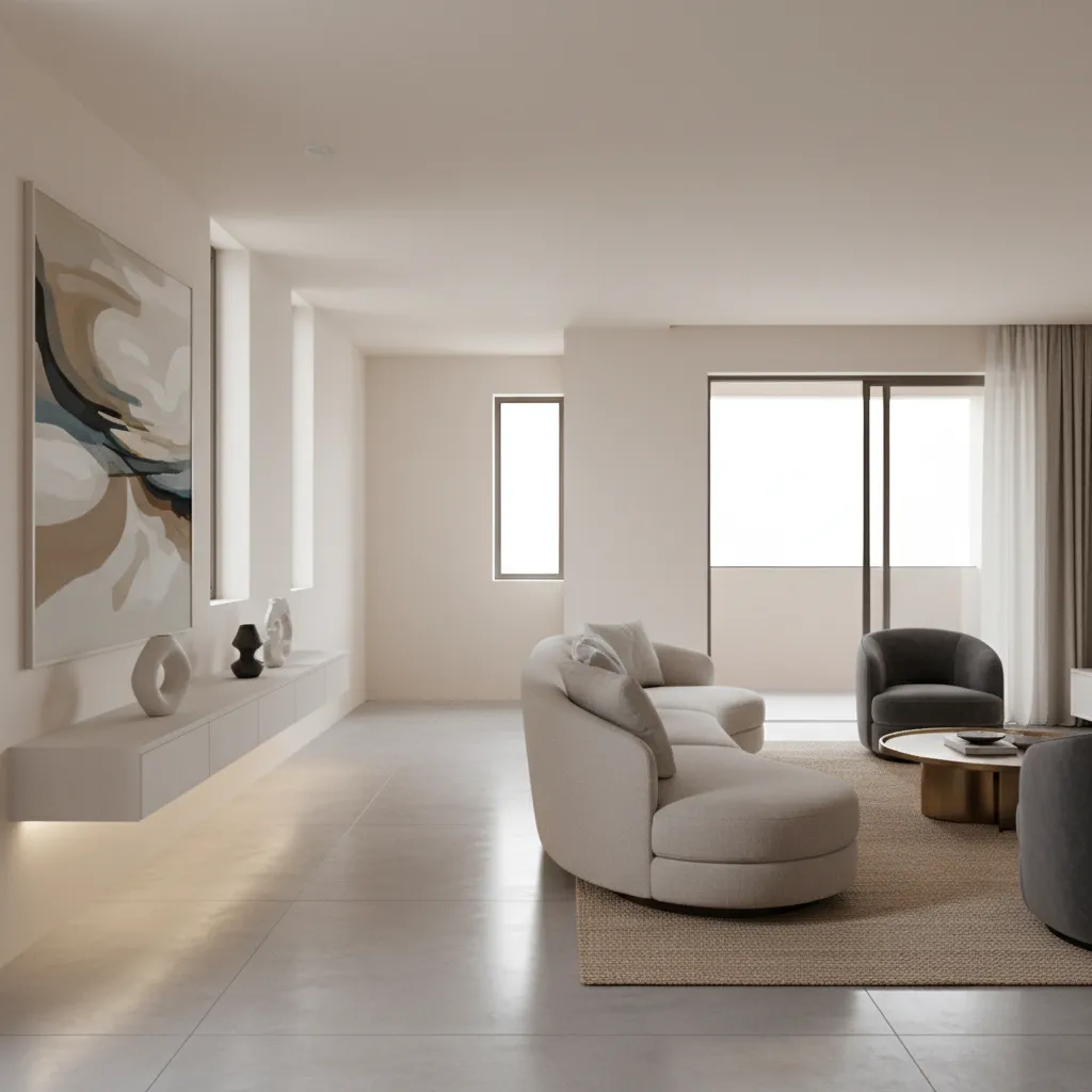 long narrow living room with floating sofa and walkway behind seating area