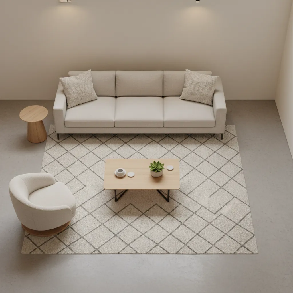 Furniture layout diagram style rendering for a narrow rectangular living room