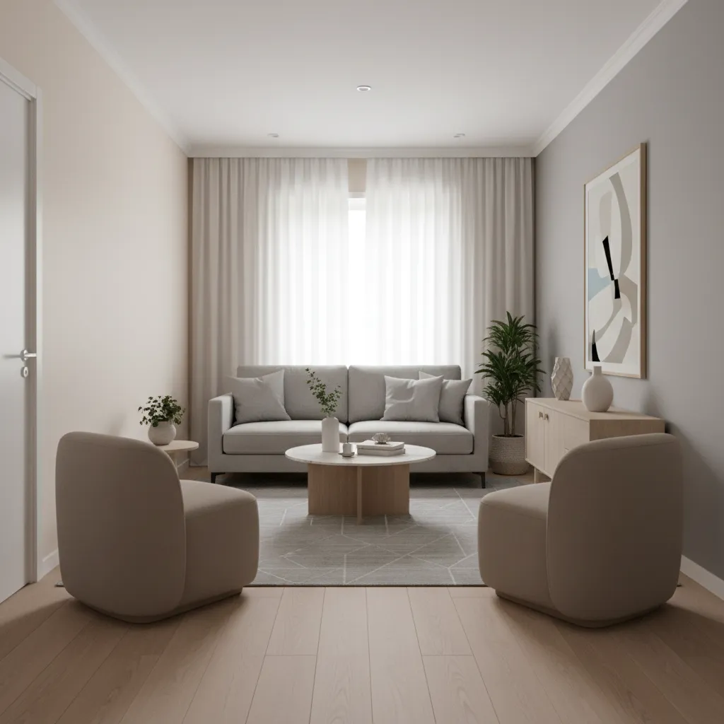 narrow living room showing properly scaled sofa and chairs