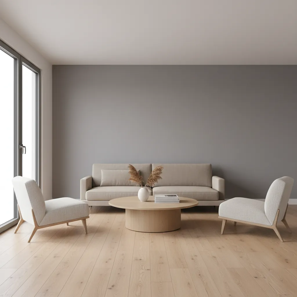 Modern narrow living room with slim sofa and balanced layout