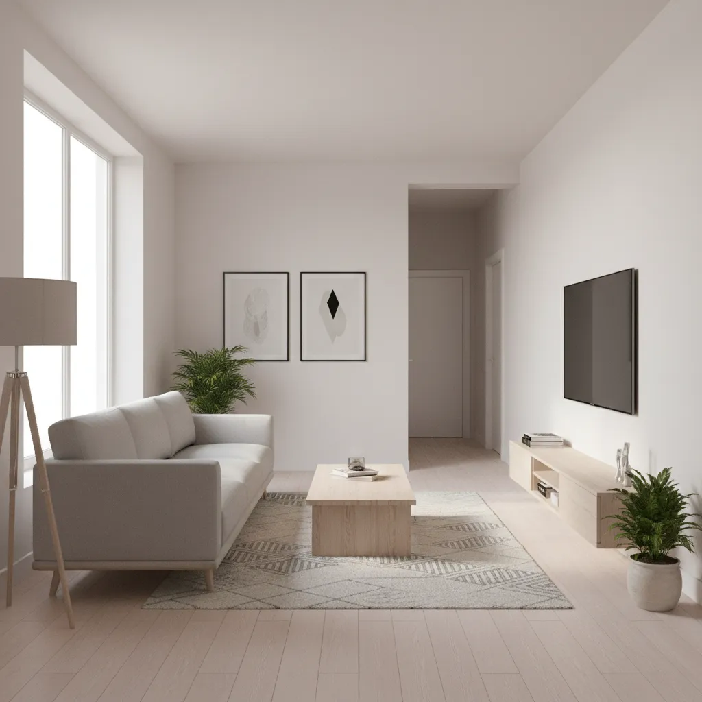 long narrow living room with properly scaled sofa and clear walking space