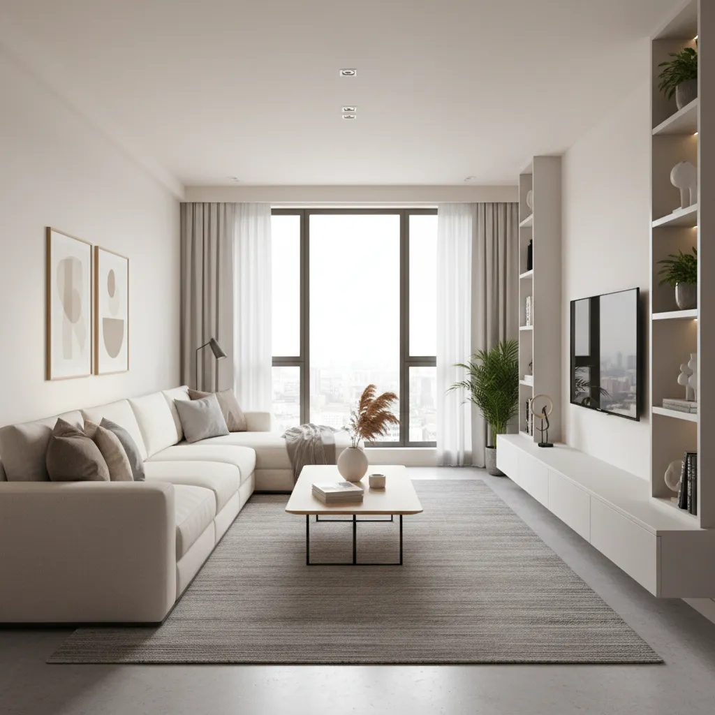 Example layout of a narrow rectangular living room with aligned seating