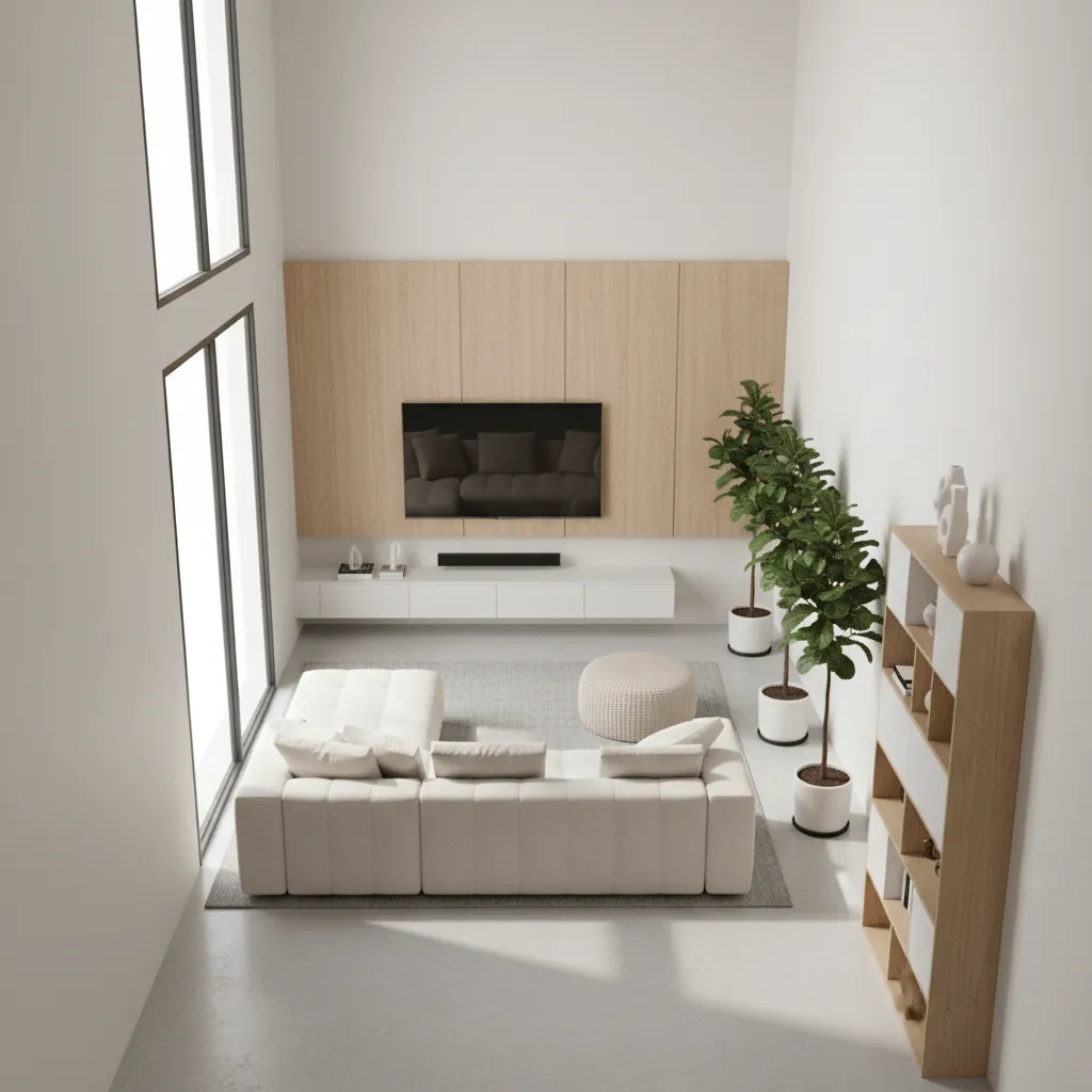 Example layout of a narrow rectangular living room with balanced seating