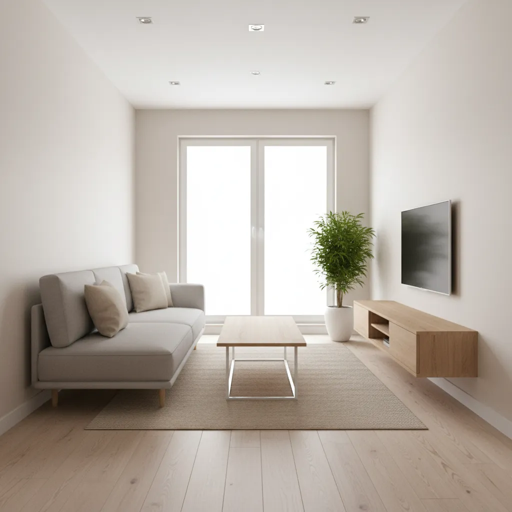 Narrow living room layout with sofa against wall and clear central walking path