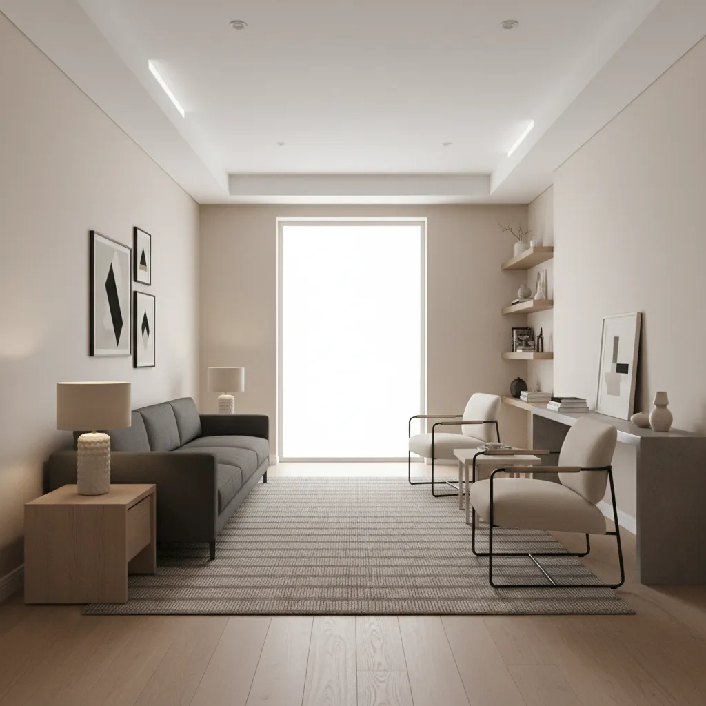 long narrow living room showing tunnel effect caused by furniture along both walls