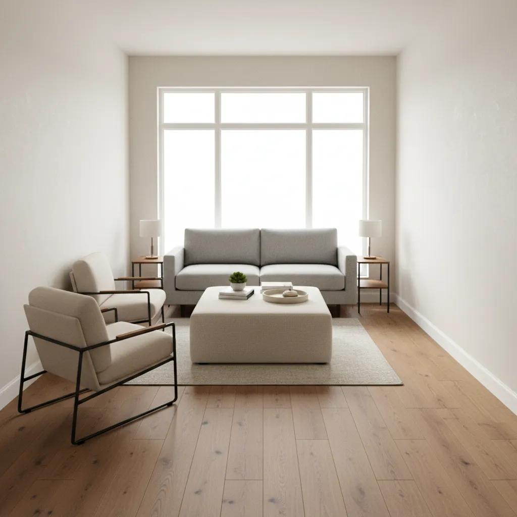 rectangular 9 x 18 living room with sofa chairs and open walkway