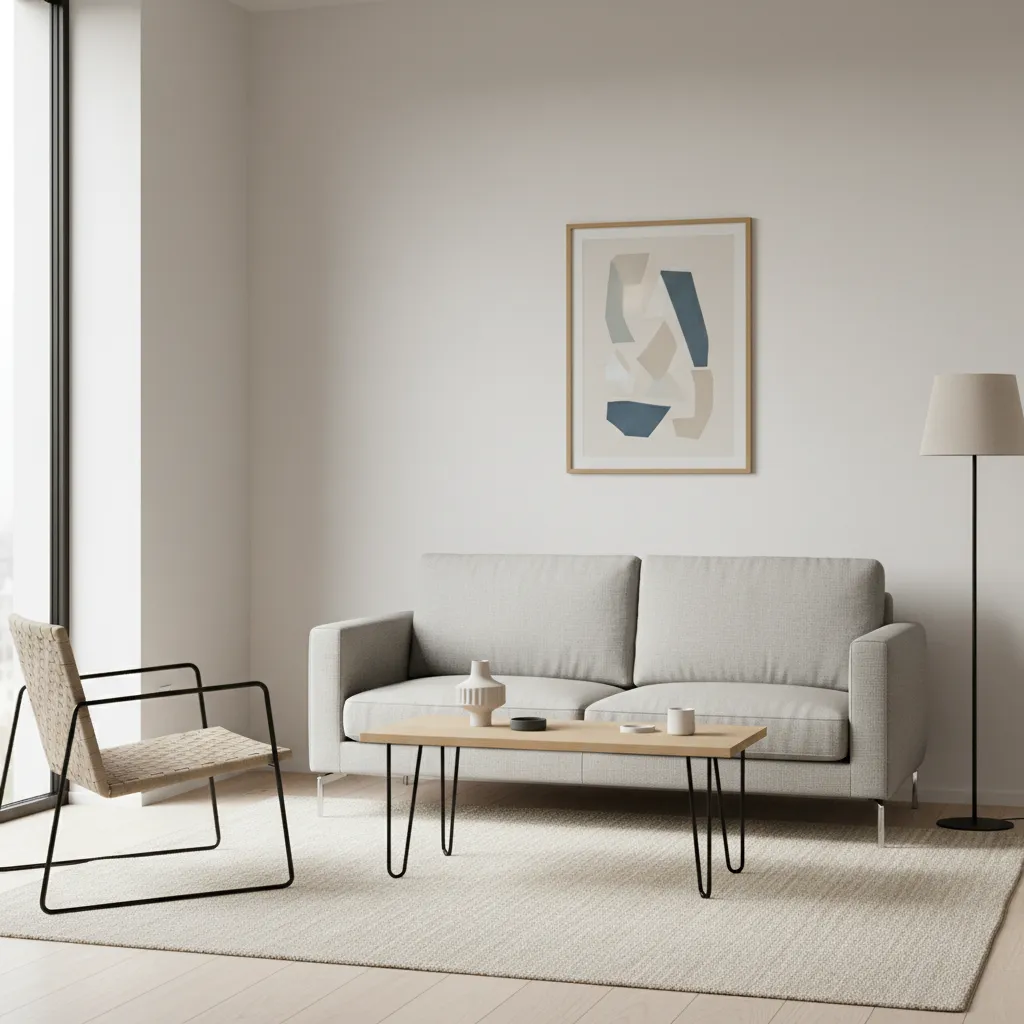 Slim furniture used in a small rectangular living room to maintain walking space