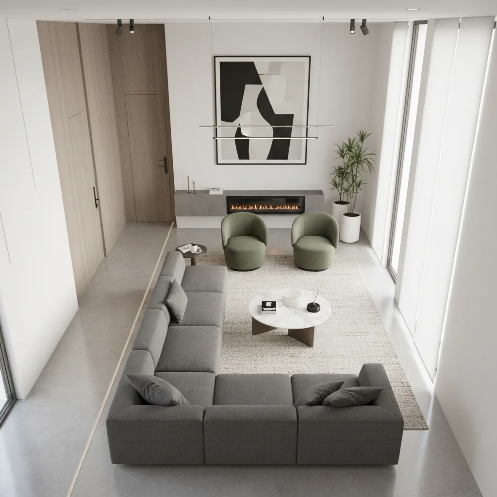 living room layout showing circulation path behind floating sofa