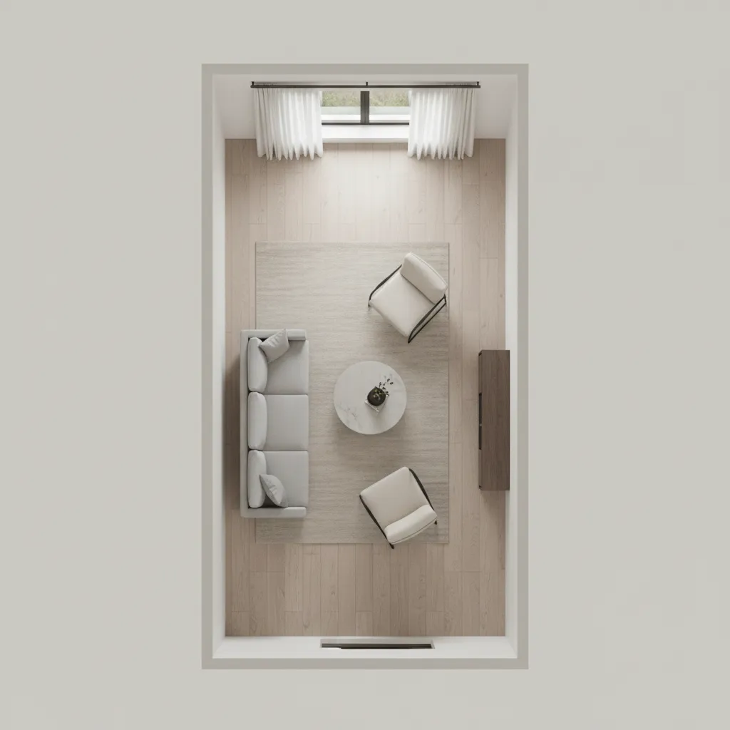 Top down floor plan style layout showing traffic flow in a long narrow living room