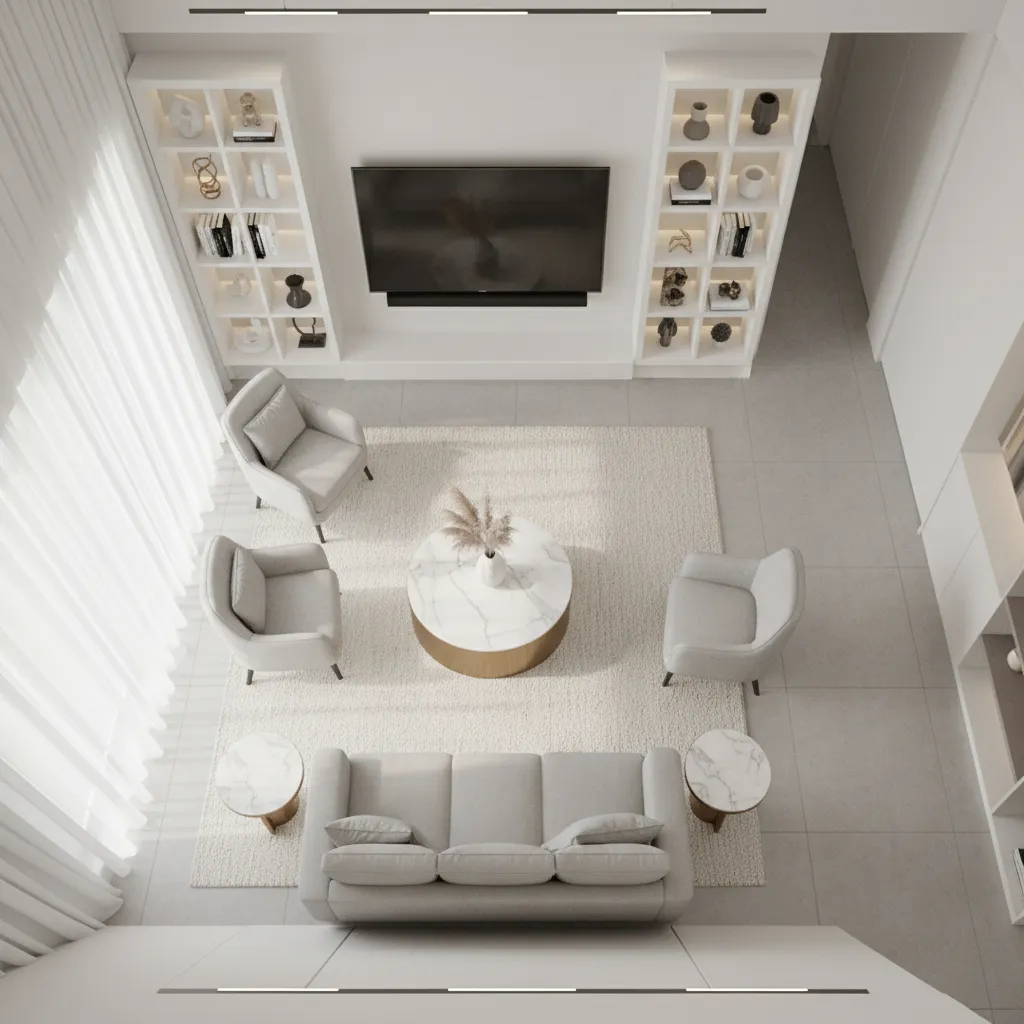 Narrow living room layout showing clear walkway path beside seating area