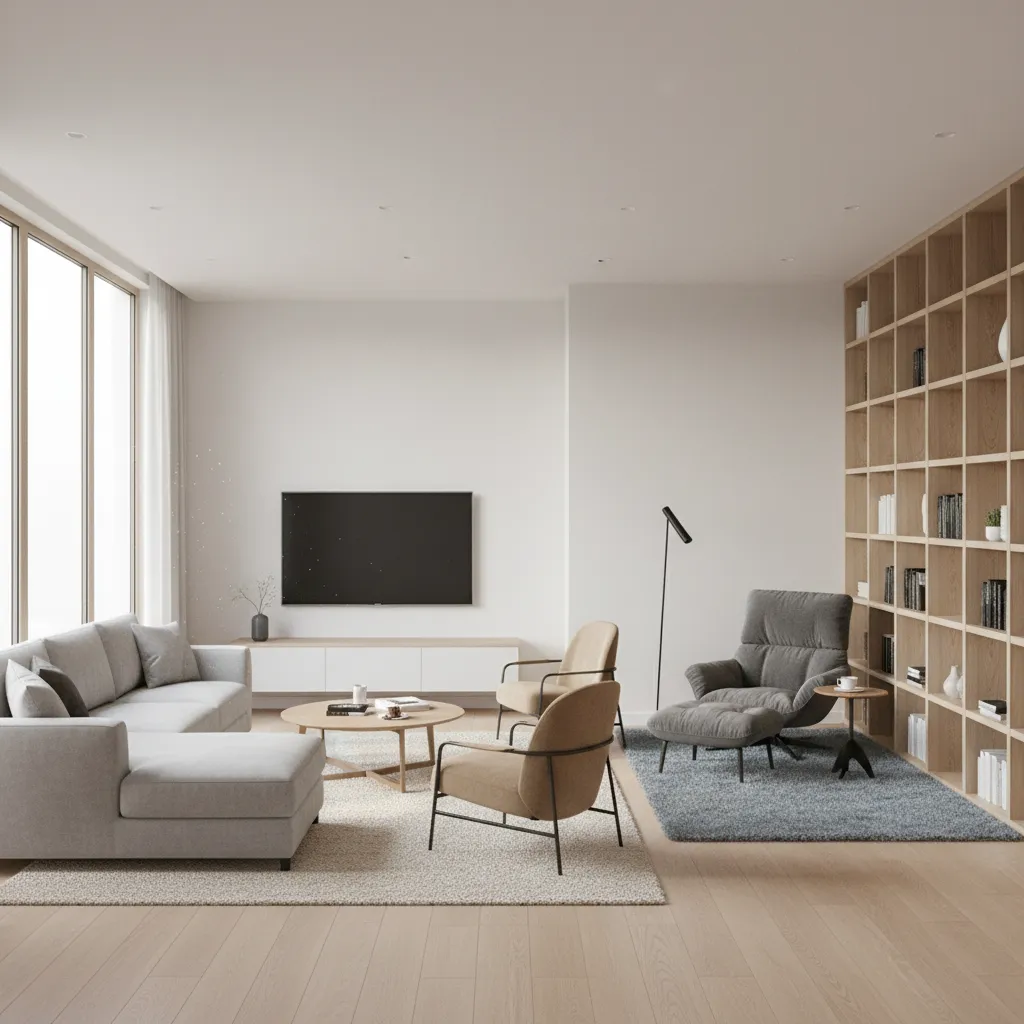 Long narrow living room divided into seating and reading zones with rugs and furniture placement