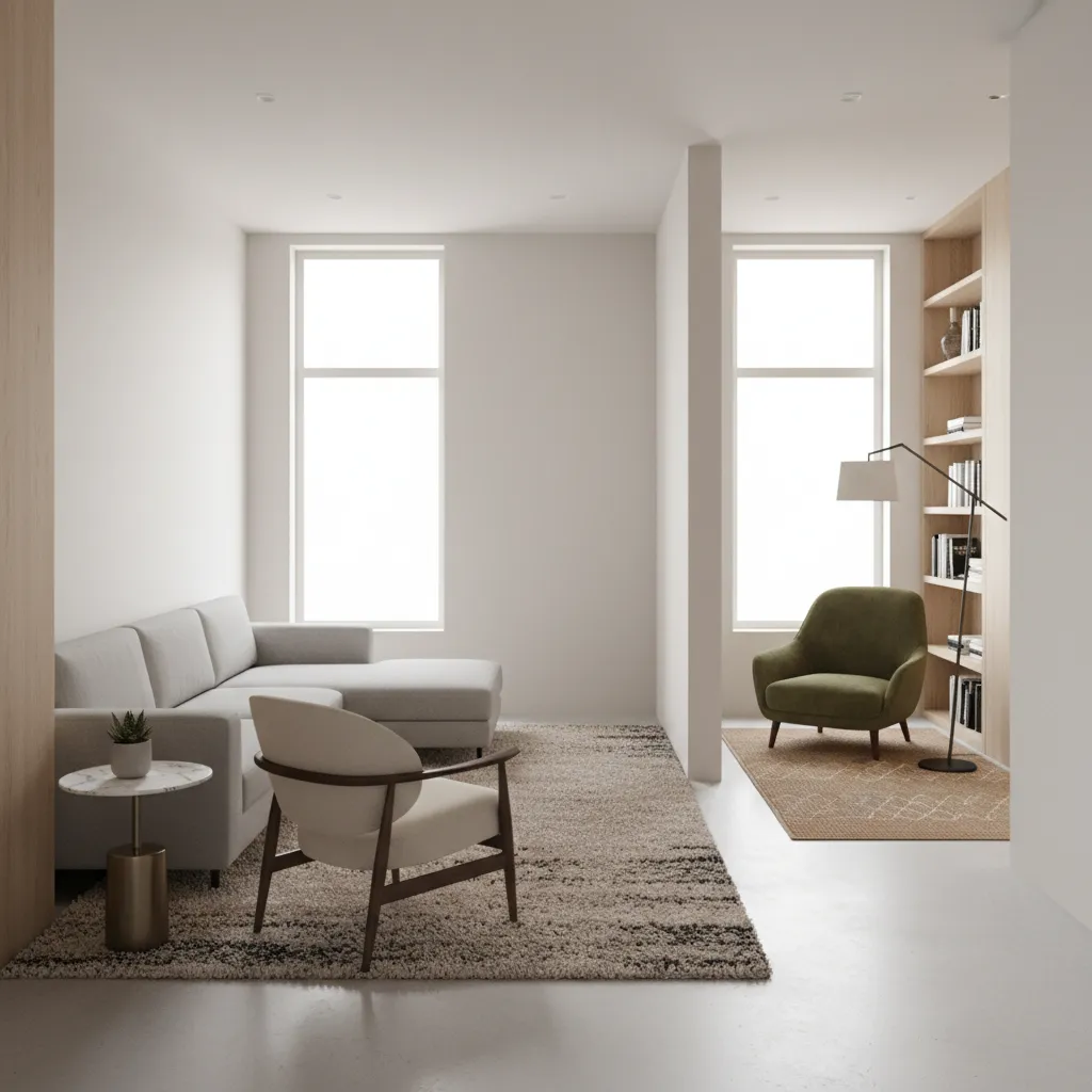 zoned layout in a long narrow living room with seating and reading corner