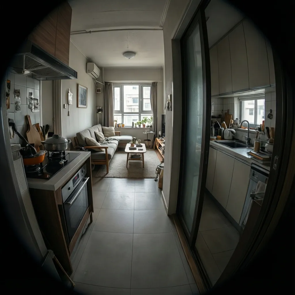 compact narrow house interior showing living and kitchen aligned front to back