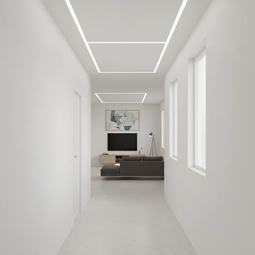 Narrow manufactured home interior showing linear recessed lighting layout