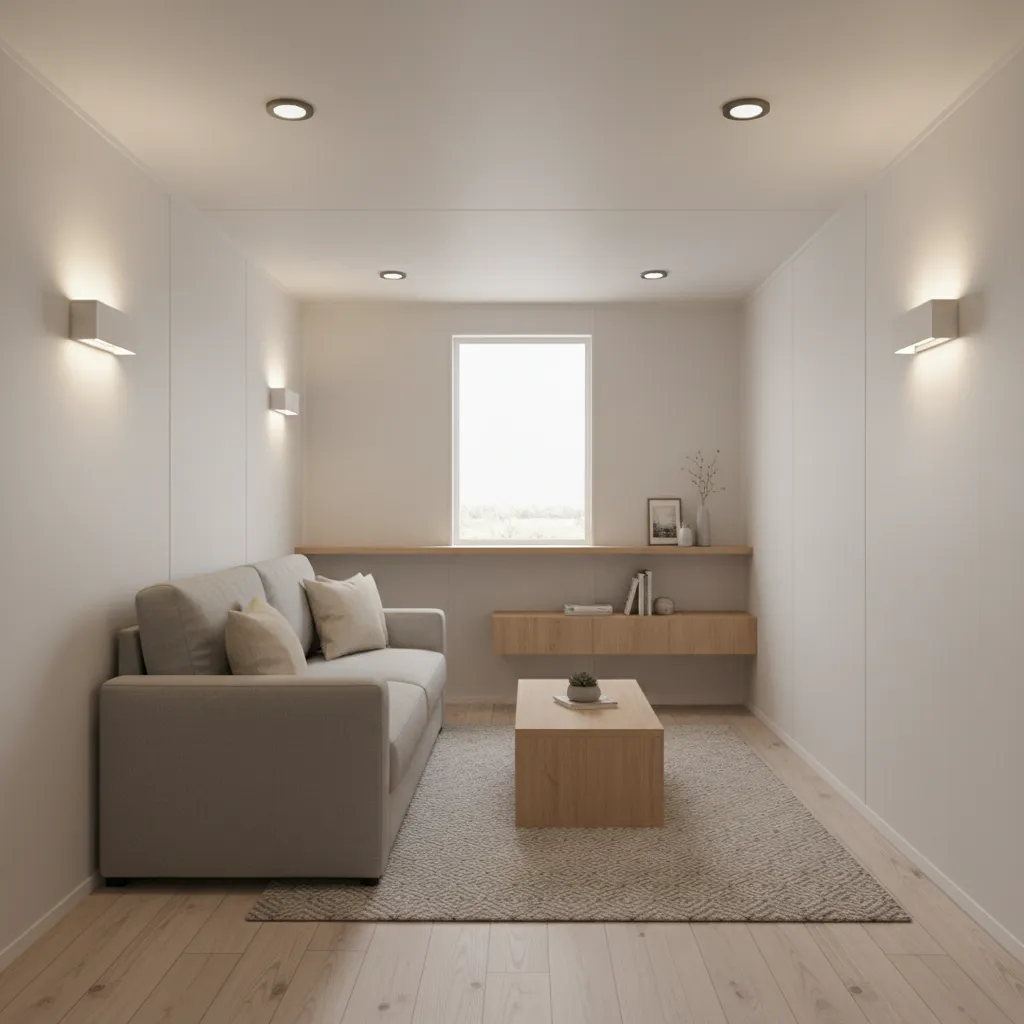 Bright narrow mobile home living room with layered lighting and low profile ceiling fixtures