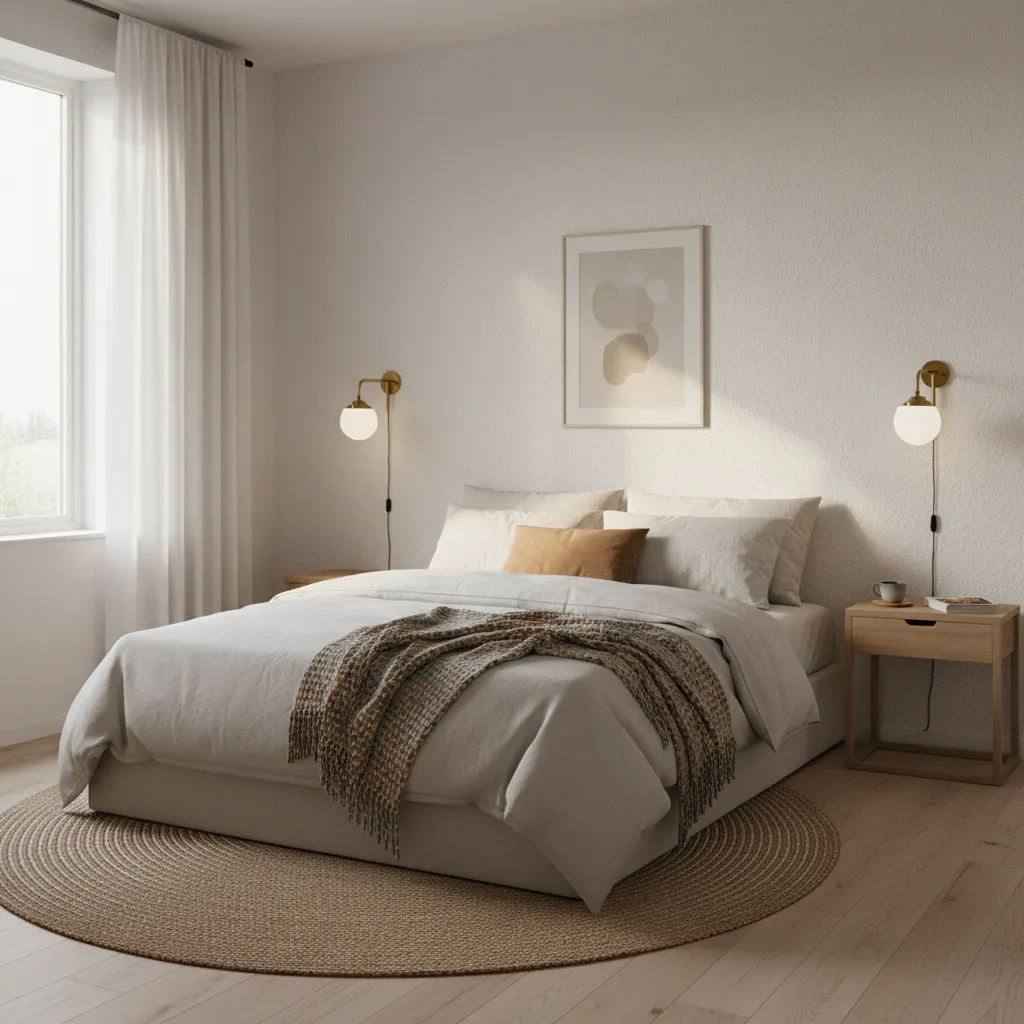 Small bedroom with queen bed and slim nightstand