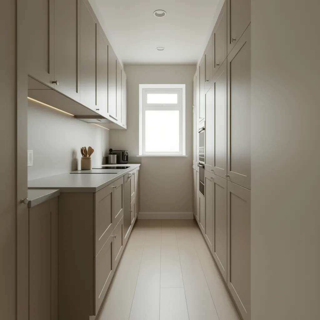 Compact parallel kitchen corridor layout with cabinets on both sides