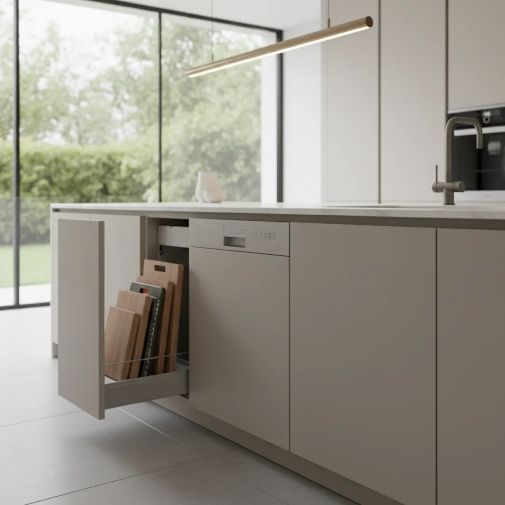 narrow pull out storage cabinet next to dishwasher in kitchen island