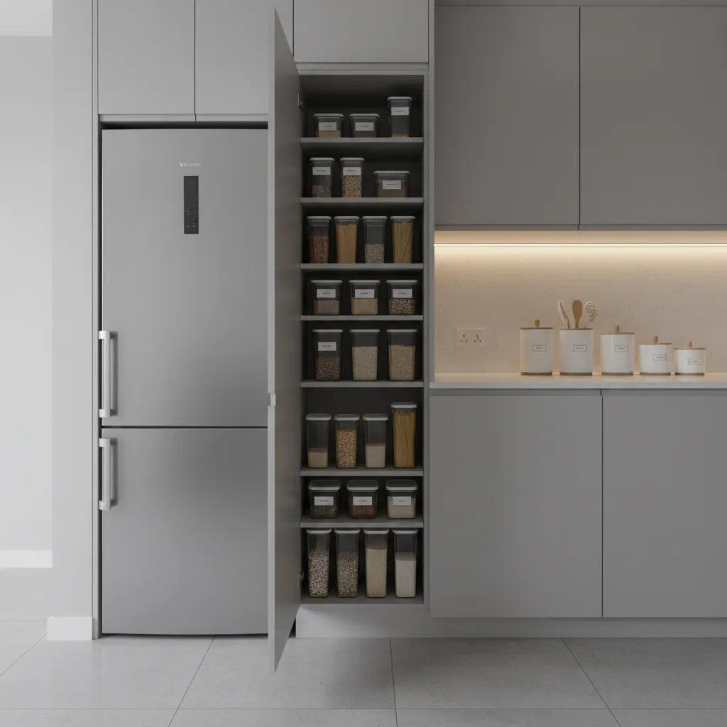 Tall grey kitchen pantry cabinet open showing many clear plastic food containers next to silver fridge