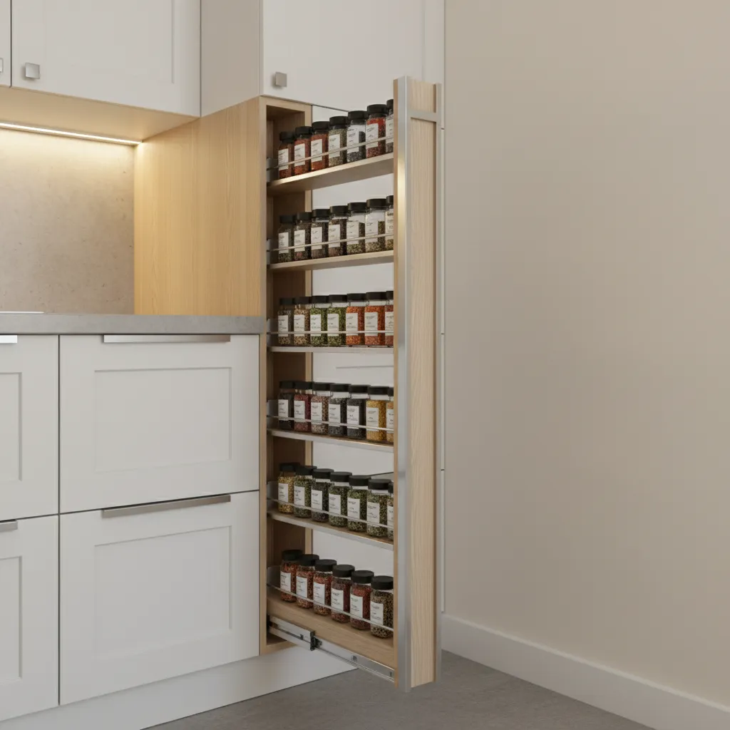 Slim pull-out spice rack cabinet filling gap beside kitchen cabinet