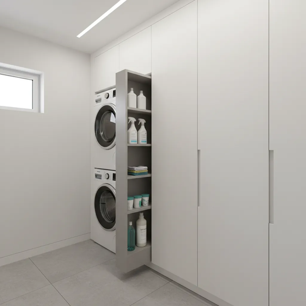 Narrow pull out storage cabinet beside washer in small laundry room