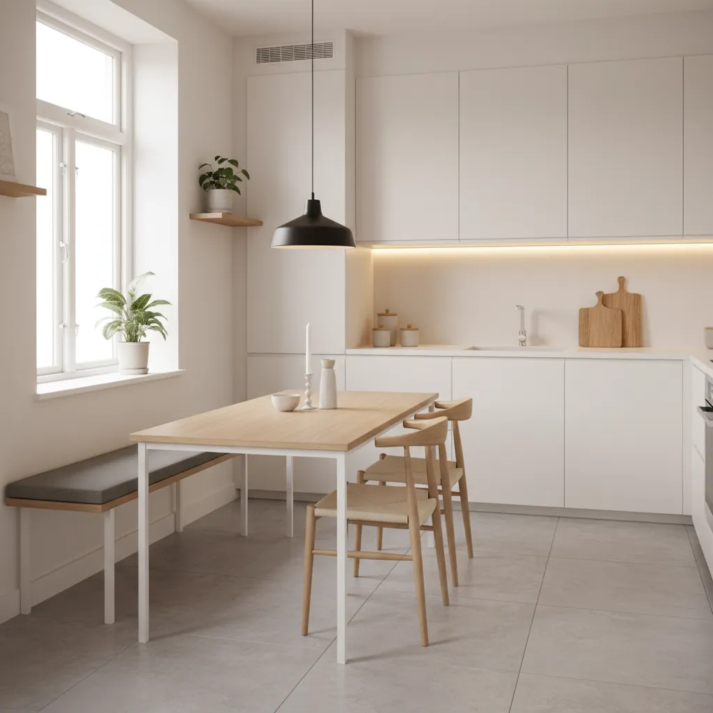 narrow rectangle kitchen table in a compact dining area showing slim proportions
