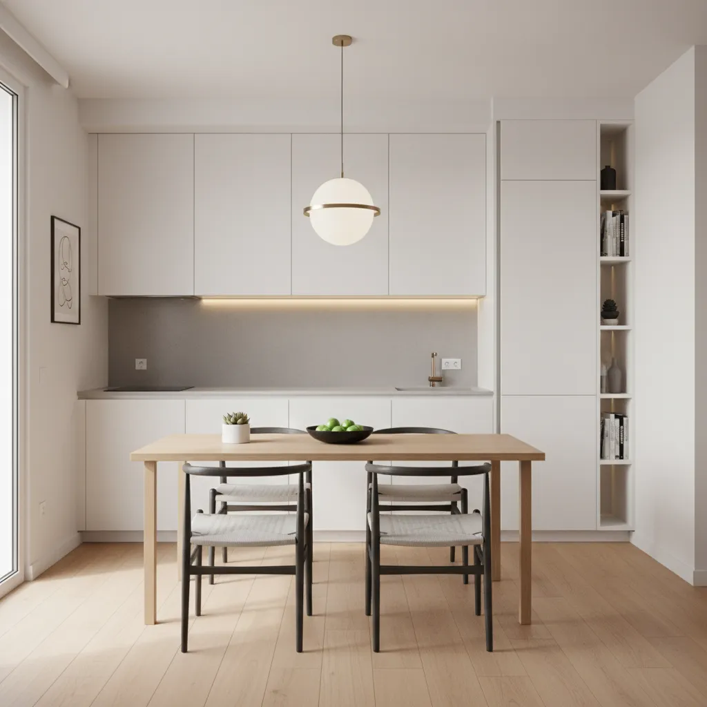 compact kitchen with narrow rectangle dining table and four chairs layout