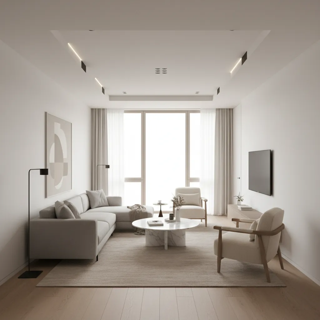 rectangular 11x18 living room showing narrow proportions and seating area