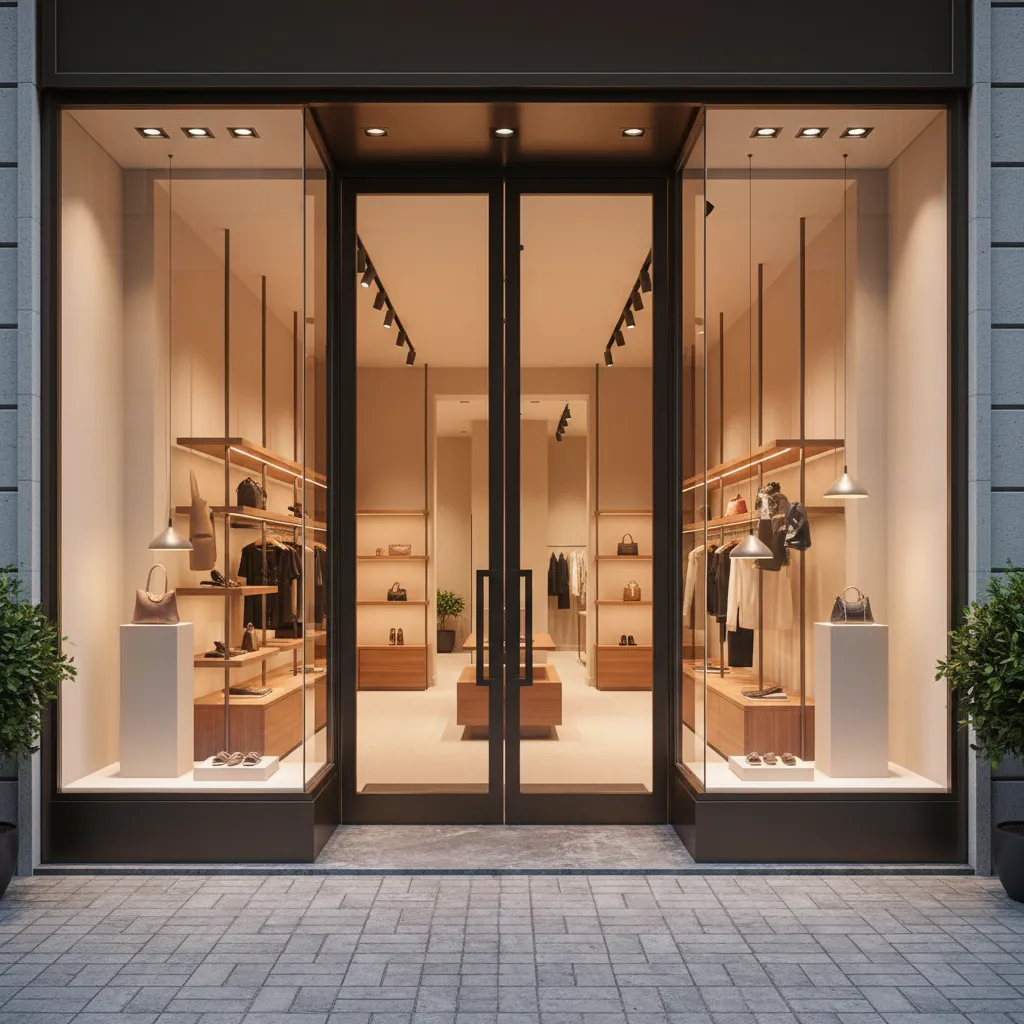 Boutique retail store with narrow entrance using compact double doors