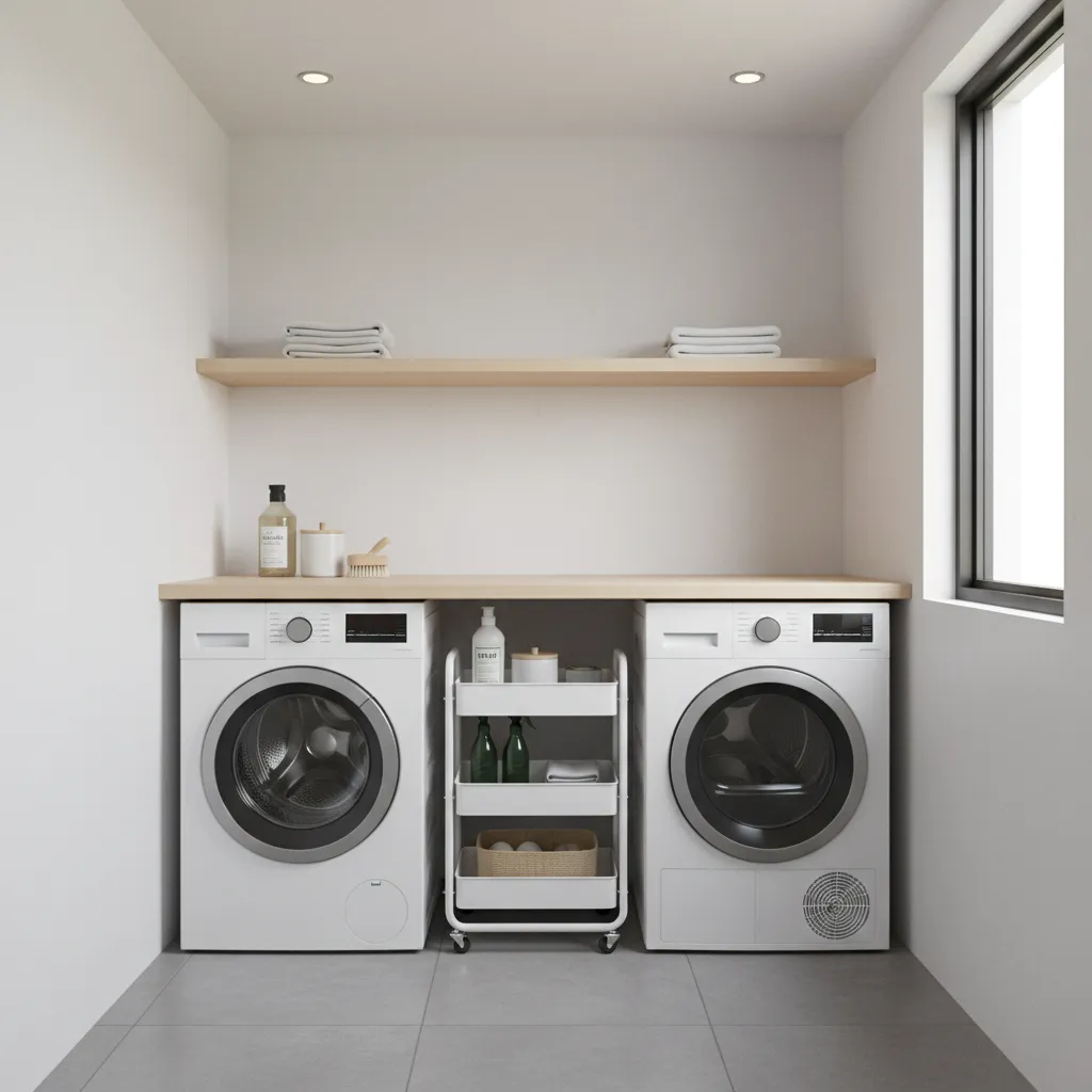 Slim rolling storage cart between washer and dryer for laundry supplies