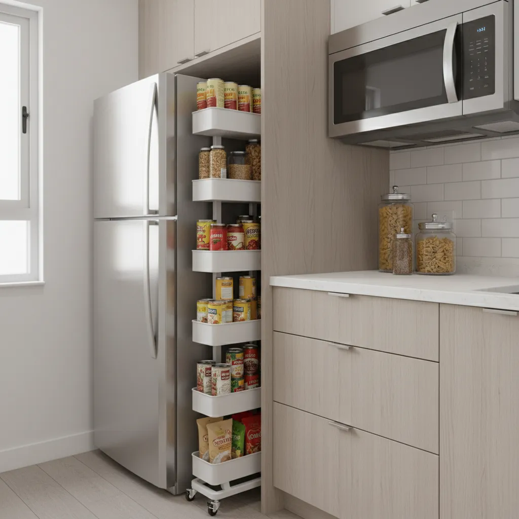 narrow rolling kitchen cart storing canned food and pantry items