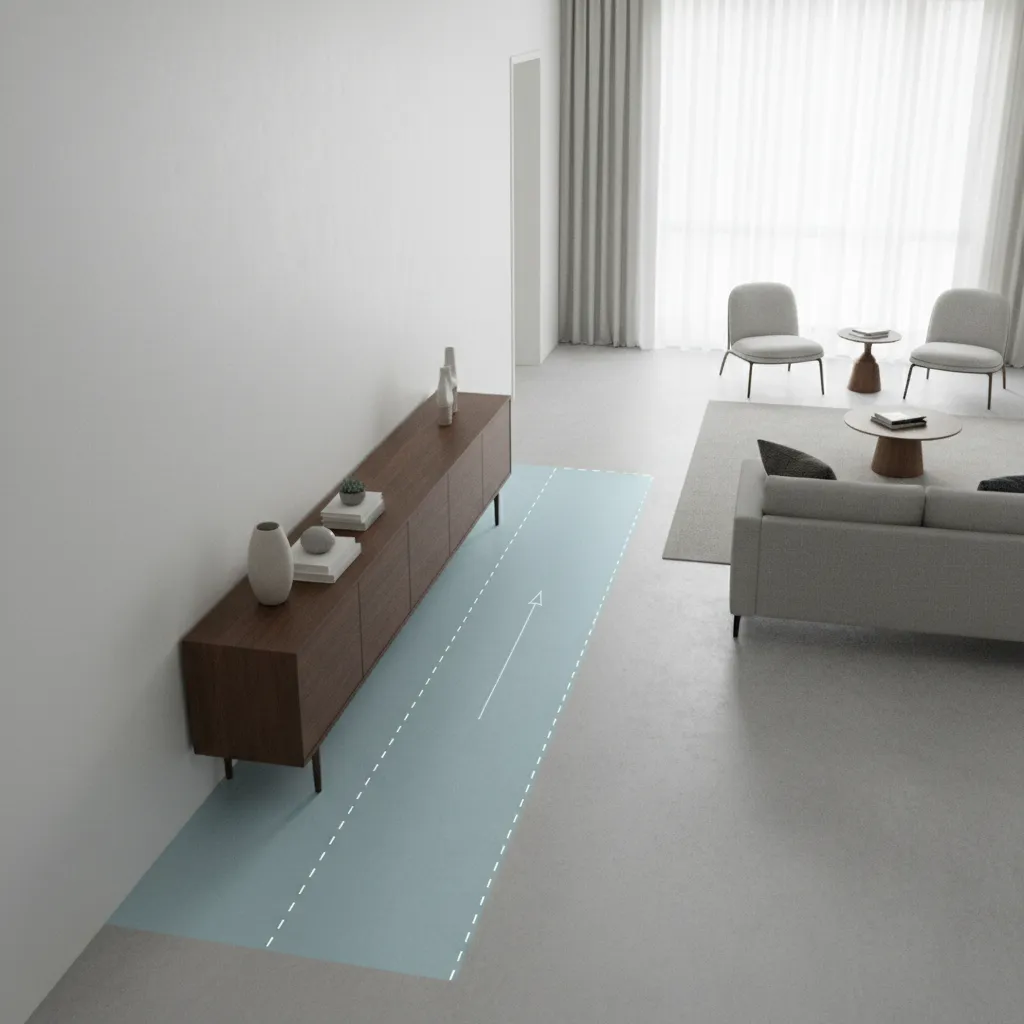 diagram style visualization showing narrow sideboard depth and room circulation space