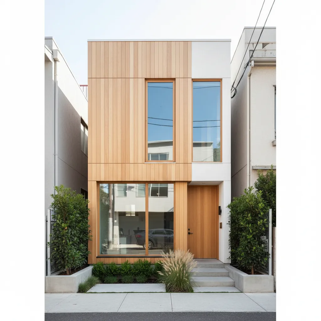 Modern narrow small house exterior representing compact rectangular home design