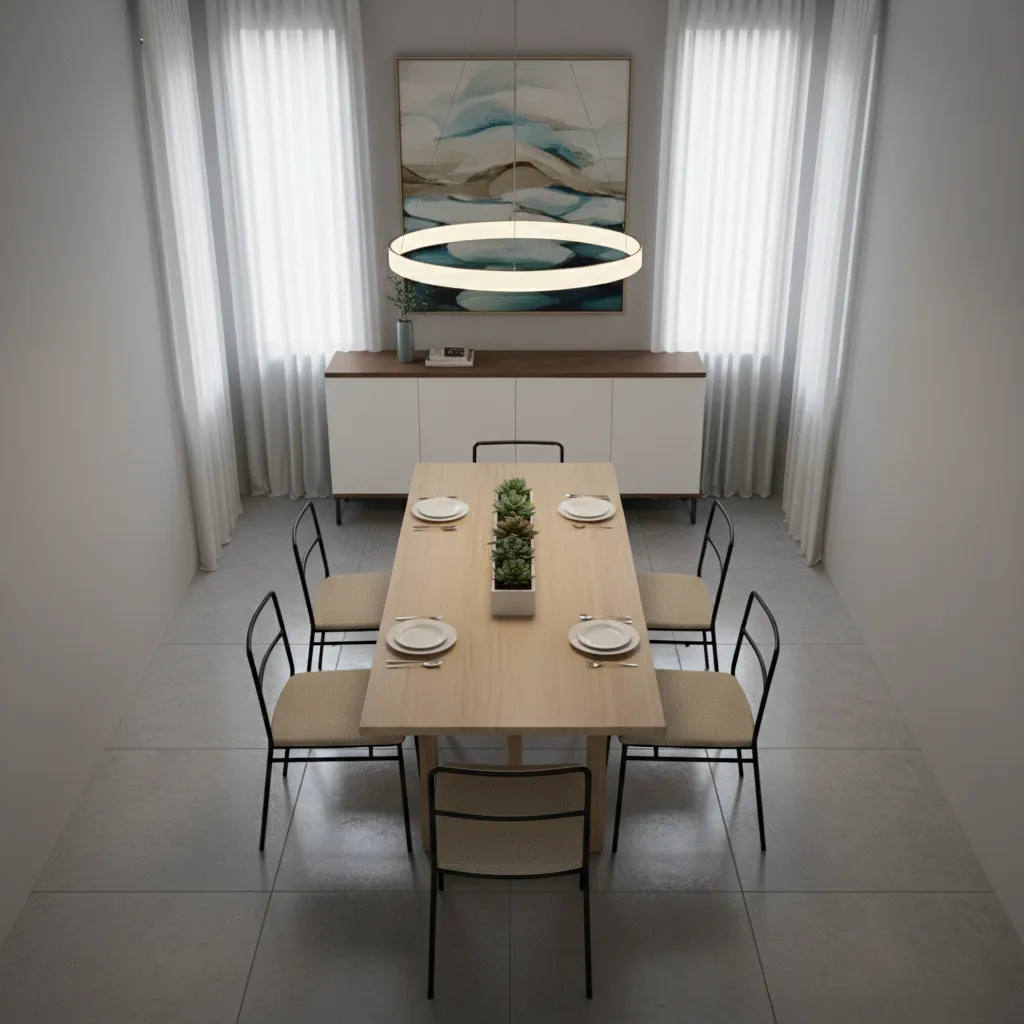 Long narrow dining table seating six people in a compact room